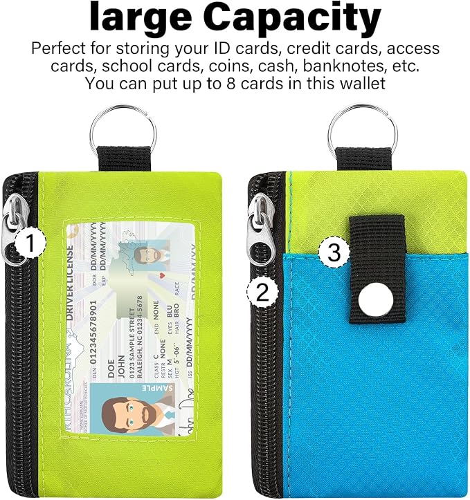 Minimalist RFID Blocking Wallet with 2 Zip Pockets and Lanyard, Water Resistant ID Case with Key Ring and Cards Badge Holder, Coin Purse Pouch for Men and Women Travel Sports -BU+GN - Image 3