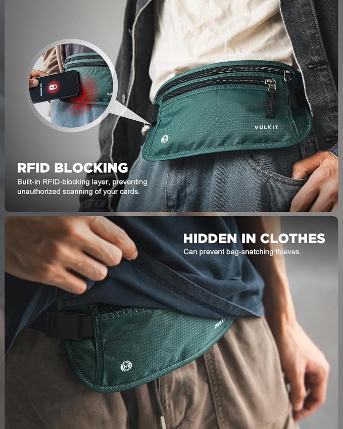 VULKIT Money Belt for Travel, Hidden Passport Holder, Anti-Theft Travel Wallet Under Clothes, RFID Blocking Waist Pouch, Undercover Fanny Pack, Deep Teal - Image 4