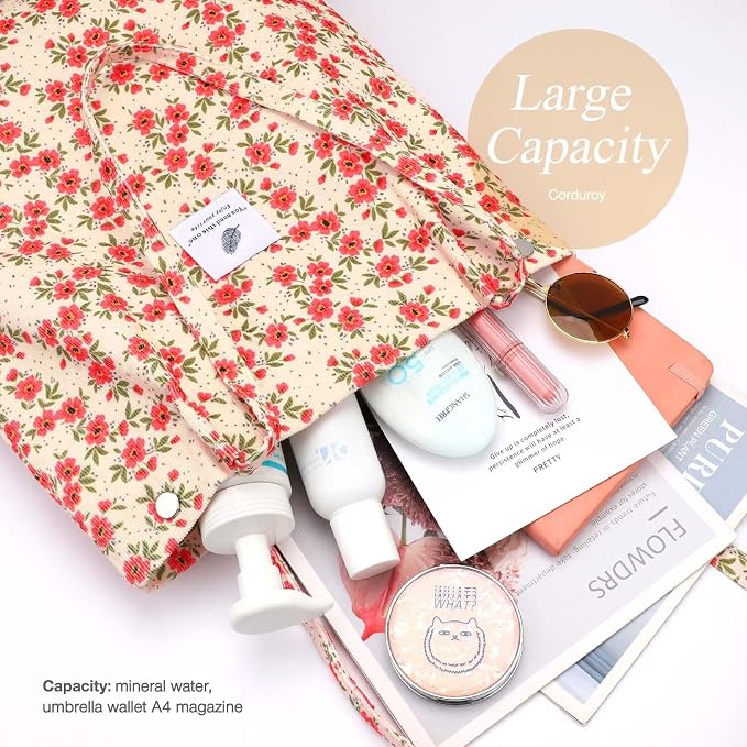 LHMTQVK Corduroy Tote Bags for Women, Large Capacity Tote Purse Reusable Grocery Shoulder Bag with Inner Pockets - Image 4