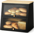 Urackify Bread Box for Kitchen Countertop – 2-Tier Bread Storage Container, Metal Breadbox with Acrylic Wavy Door, Wood Top, Magnetic Seal, Anti-Slip Base, 14.96x9.84x13.78 inch, Black by Urackify