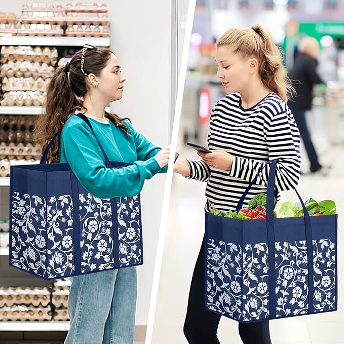 Reusable Grocery Bags Foldable Tote Bags Bulk Shopping Bags 4-Pack, Blue | Reinforced Handles Shopping Bags for Groceries Heavy Duty Kitchen Reusable Grocery Bags with Waterproof Coating - Image 6