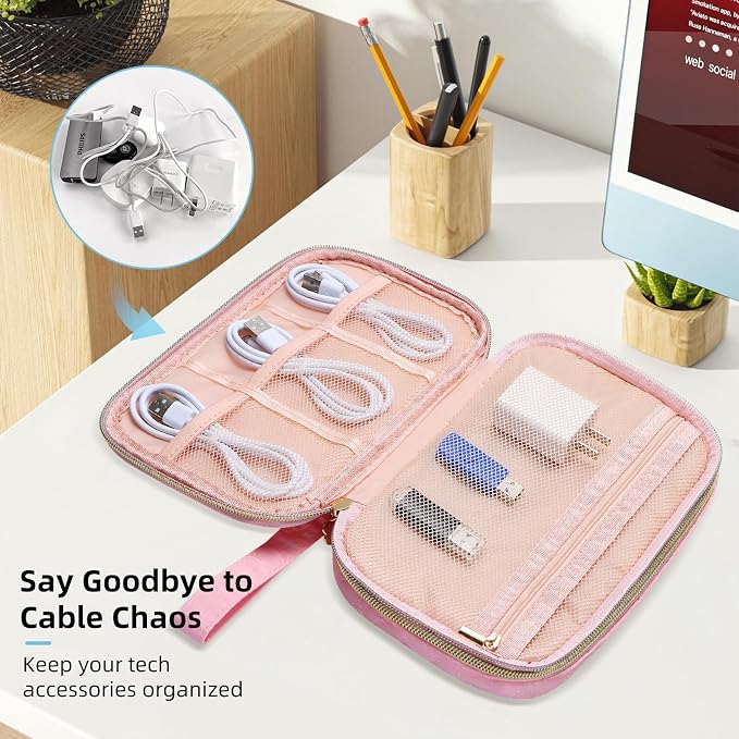 Electronics Organizer Travel Case, Charger Bag Cord Organizer Travel, Compact Tech Pouch Cable Organizer Bag for Charger, Cords, Phone, Headphones, Flash Drive, SD Card (Pink, Small-Double Layer) - Image 5