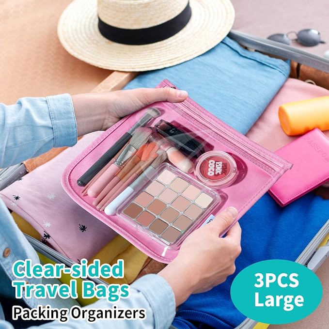 HIONXMGA Set of 3 Diaper Bag Organizing Pouches, Space-Saving, 3 Large Size | Clear Front Toiletry Bags Waterproof Zipper Pouches for Women Kids Toiletries Baby Essentials Well-Organized Carry, Pink - Image 2
