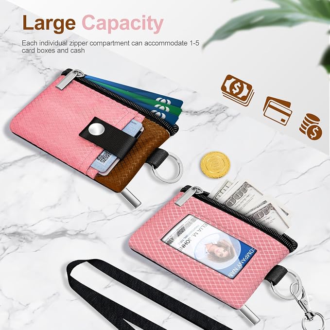 Minimalist RFID Blocking Small Wallet with ID Window,WaterResistant Zip Id Case Wallet with Lanyard Keychain for Cards,Cash,Travel,Women,Men (Pink/Brown) - Image 7