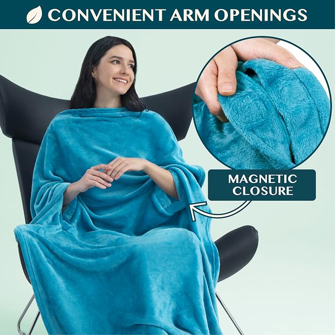 PAVILIA Travel Blanket and Pillow, Arms Opening Airplane Blankets for Adults, Compact Plane Blanket with Arm Hole 2-in-1 Bag for Flight Car Camping Fit in Luggage Backpack Traveler Gift, Teal Blue - Image 2