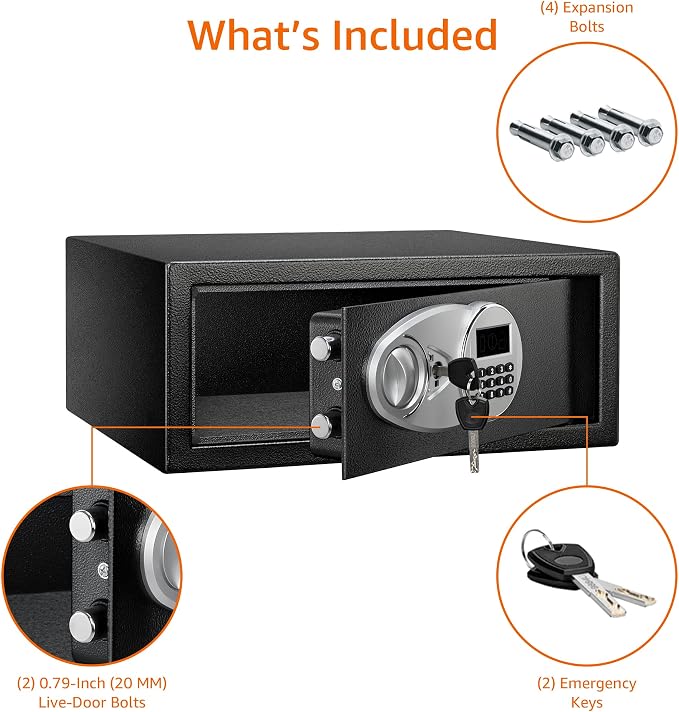 Amazon Basics Steel Security Safe and Lock Box with Digital Keypad, Electronic Lock, Emergency Key Open, Secure Cash, Jewelry, Documents, Black, 0.7 Cubic Feet, 16.9-x-14.6-x-7.1-inches (WxDxH) - Image 4