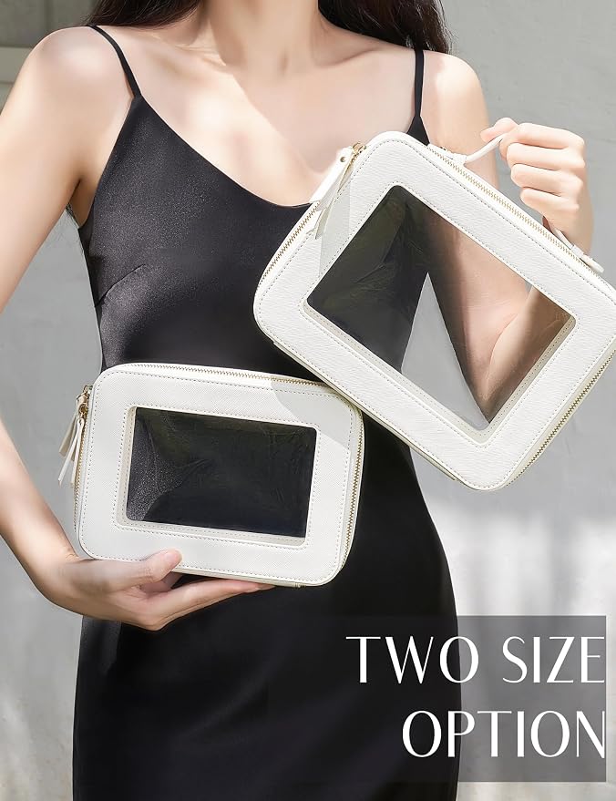 Clear Toiletry Bag 2 Pack, Travel Makeup Bag Medium and Large White | Structured Clear Cosmetic Case with Zipper, Car Essential Organizer Bag for Women, Waterproof PU Leather, Wide Open Portable - Image 8