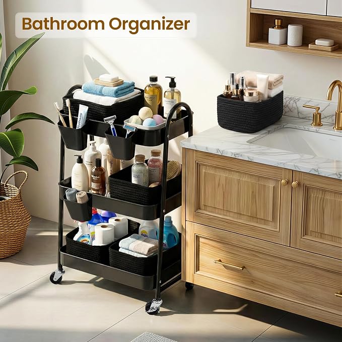 3-Tier Rolling Utility Cart with 4 Woven Baskets, Diaper Book Snack Cart, Storage Organizer for Nursery, Kitchen, Craft Room, Home SPA, Living Room, Metal Frame Trolley on Lockable Wheels, Black - Image 5