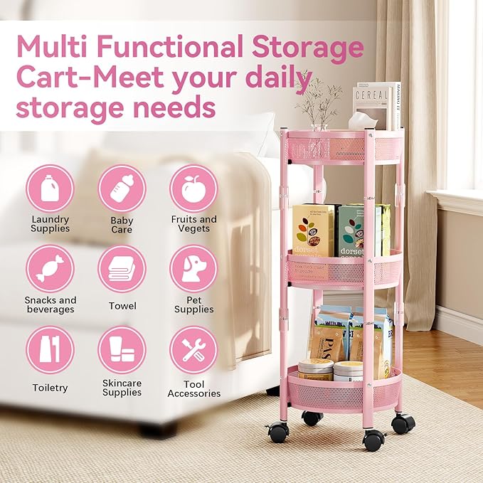 TOOLF 3 Tier Foldable Rolling Cart, Metal Utility Storage Cart, Pink | Assembly-Free, Lockable Wheels, Round Trolley Organizer for Bathroom, Kitchen, Office, Dorm, Laundry, Craft Room - Image 5