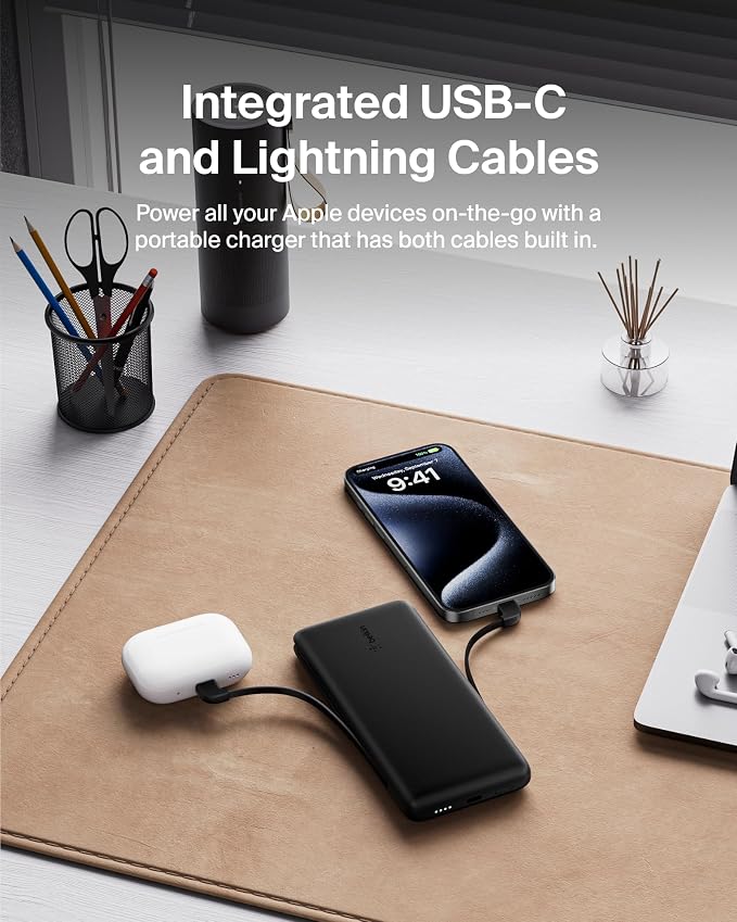 Belkin 10K 23W Portable Charger Power Bank, Integrated USB C and LTG Cables | Fast Charging, iPhone 17, Samsung Galaxy, Pixel, Airpods, iPad, Battery Pack, USB C Port, USB C Cable, Lightning Cable - Image 9