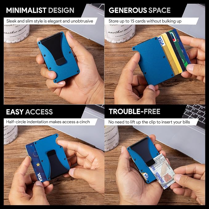 Minimalist Wallet for Men, Slim Metal RFID Blocking Wallet Credit Card Holder Money Clip & Cash Strap, Scratch-Resistant Holds 15 Cards,Ideal Gift for Men | Matt Blue - Image 5