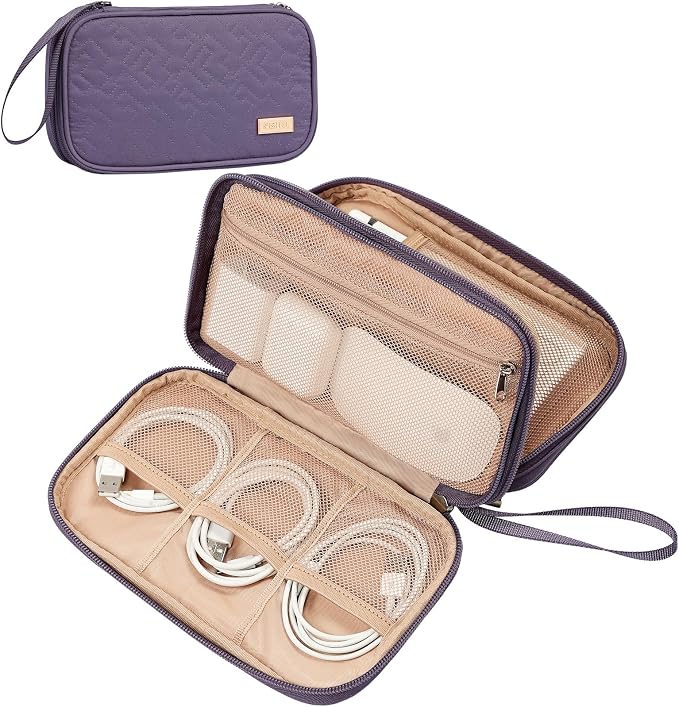 NISHEL Electronics Travel Organizer Cord Case, Charger Cable Tech Bag | Double-layer bag keeps chargers, cables, flash drive, and small tech essentials organized for trip, Medium, Purple by NISHEL