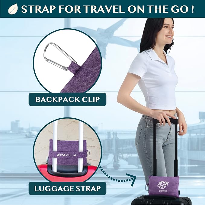 PAVILIA Travel Blanket Compact, Airplane Packable Bag, Soft Fleece Portable Throw Pillow Combo Set, Plane Flight Car Trips Essentials Gift Accessories, Luggage Backpack Clip, Purple, 65 x 40 Inch - Image 3