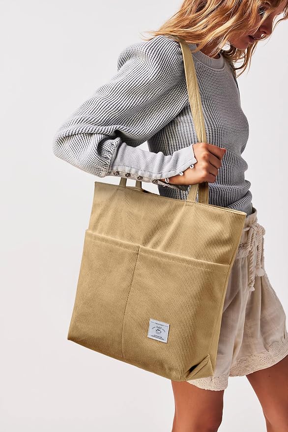 KALIDI Women Corduroy Tote Bag Zipper Casual Tote's Handbag Big Capacity Shoulder Bag with Pockets - Image 2