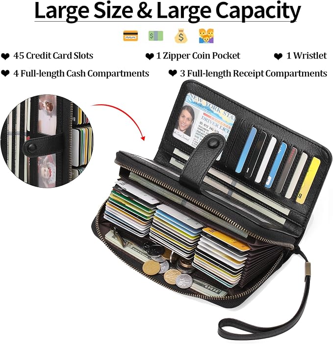 GAEKEAO Leather Credit Card Holder Wallet for Women RFID Blocking Large Capacity Bifold Zipper Card Case Organizer with Wristlet 45 Slots - Image 2
