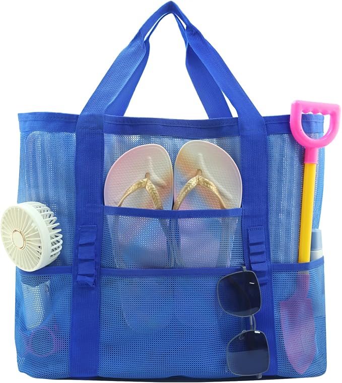 Large Mesh Beach Tote Bag, 9-Pocket Foldable Summer Vacation Beach Bag for Travel, Pool, Gym, Cruise by ASBEFORE
