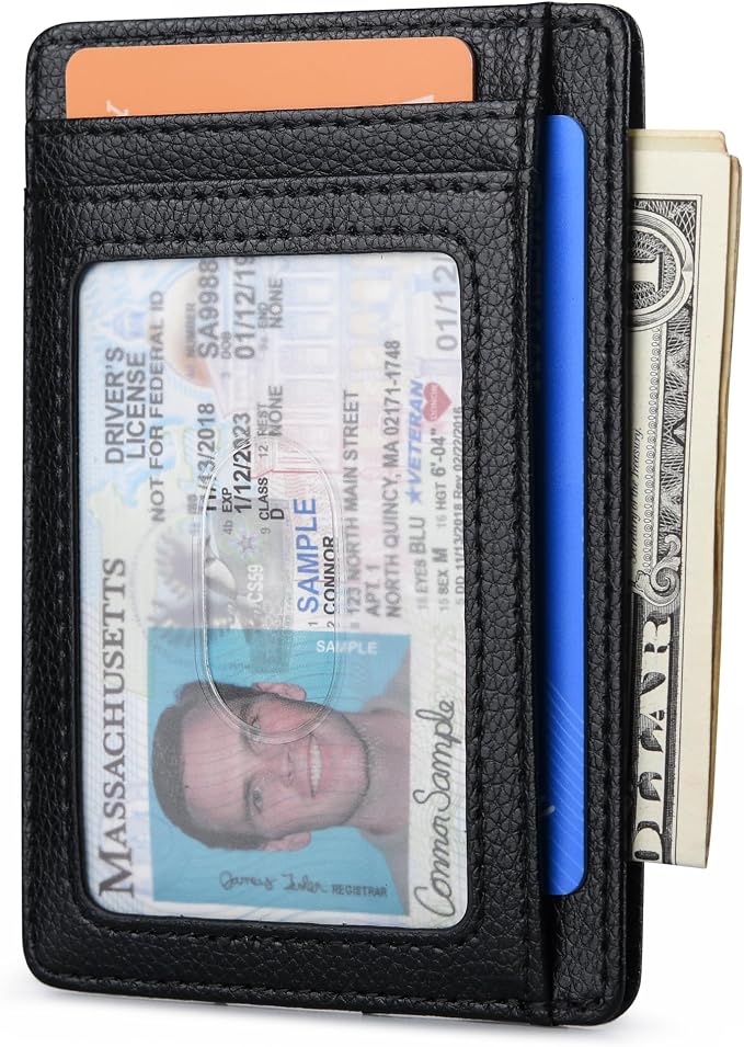 Buffway Slim Minimalist Front Pocket RFID Blocking Leather Wallets for Men and Women - Lichee Black - Image 2