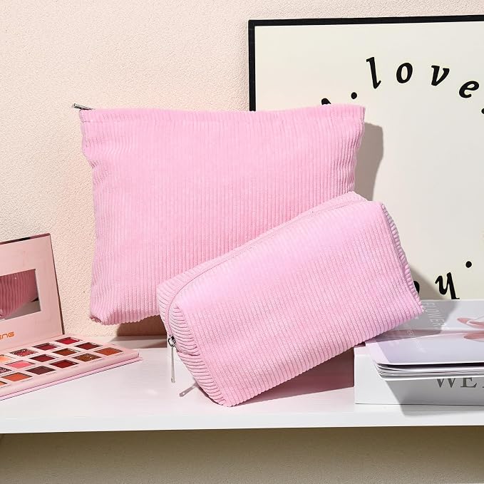 SOIDRAM 2 Pieces Makeup Bag Large Corduroy Cosmetic Bag Capacity Canvas Mix Travel Toiletry Bag Organizer Cute Makeup Brushes Aesthetic Accessories Storage Bag for Women,Corduroy Mix Hot Pink - Image 2