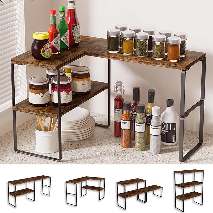 Golener Kitchen Counter Organizer, Countertop Shelf, Adjustable, Stackable | Kitchen Countertop Organizer, Spice Rack, 2-Tier Countertop Shelves, Corner Desk Shelf, Corner Counter Shelf, Rustic Brown by Golener