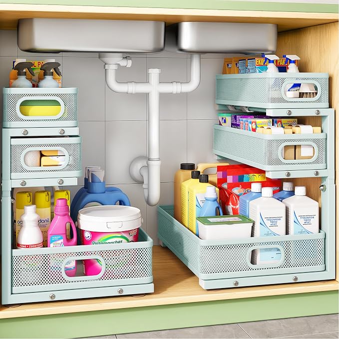 Under Sink Organizer, 2-Pack 3-Tier Height Adjustable Thickened Metal Pull out Cabinet Organizer Shelf, Slide out Storage Drawer Rack for Bathroom Kitchen Pantry Home Organization, LightBlue by Kitstorack