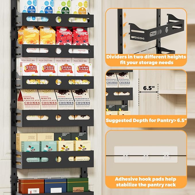 8-Tier Pantry Door Organizer, 2 IN 1 Wall Mount or Over The Door Pantry Organizer, Door Spice Rack with Adjustable Baskets, Over Door Organizer for Kitchen (12.4"W x 5.5"D x 66.1"H,1 Pack, Black) - Image 3