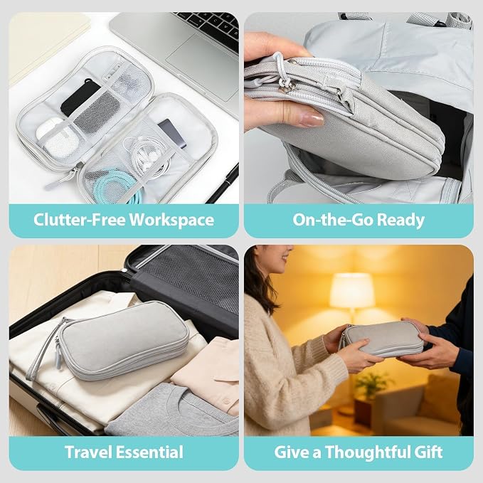 Travel Electronics Organizer, Double Layer Cable Bag, Light Gray | Anti-tangle 8 compartments for 3ft+ cords. Water-resistant Oxford fabric with padded lining. Includes 8 cable ties. - Image 6