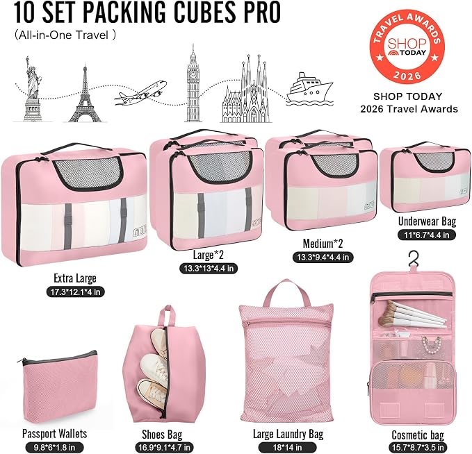 Veken 10 Set Packing Cubes for Travel Essentials,Anti-Wrinkle Buckled Suitcase Organizer for Shoe & Toiletry Bag,Carry On Luggage Bag with 99+ Count Mesh Holes for Airplane & College Dorm Accessories - Image 2