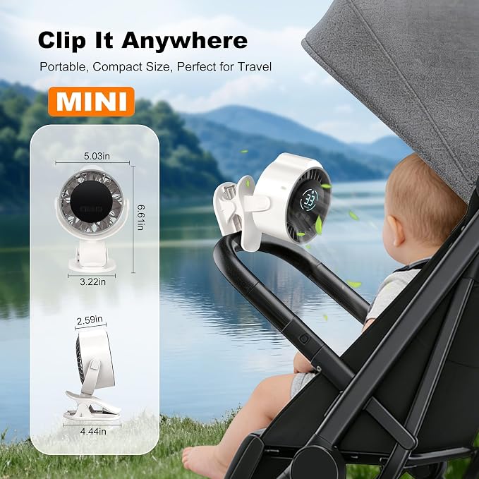 Clip On Rechargeable Fan with LED Light 100 Speed (Need Long Press), 720° Adjustment, Small Protable Desk Fan Quiet Clamp Base 12H Battery, 7 Blades for Dorm Bedroom Travel Camping - Image 2