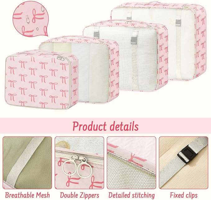 9 Set Packing Cubes for Travel Essentials - Lightweight Carry-On Luggage Organizer Bags with Shoe, Clothes & Laundry Bags for Airplane, Family & Business Travel, Pink bow - Image 6