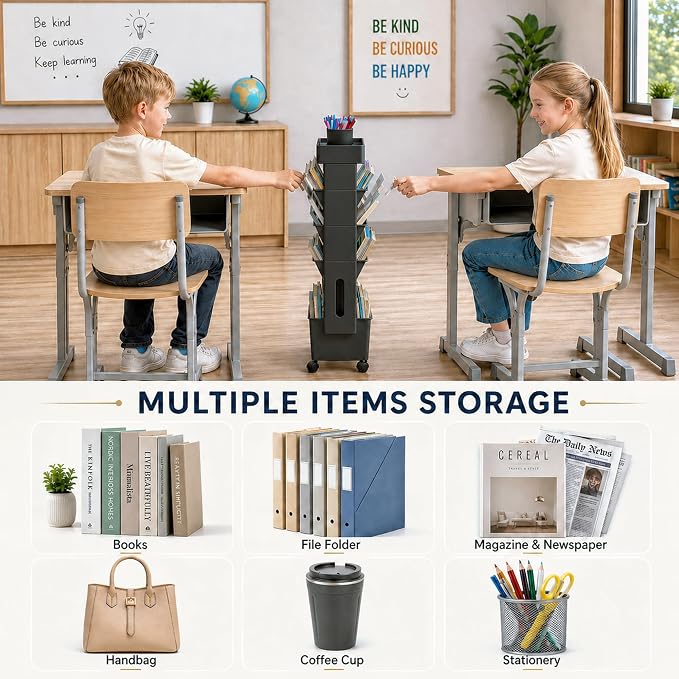 BYFU 5-Tier Rolling Bookshelf Cart, 30.7" H, Black | Movable with Wheels, File Paper Storage Organizer, For Home Office Study Classroom - Image 5