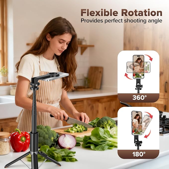 64" Magnetic Tripod for Phone, Auto-Open Tripod with 360° Rotatable | Phone Stand with Metal Ring & Rechargeable Remote for iPhone/Android Photography/Vlogging - Image 2