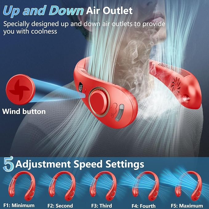 Neck Fans for Women Rechargeable-Foldaway Personal Fan with Water Mist,Wearable Hanging Fan Around Neck,Small USB Rechargeable Neck Cooler for Mother's Day Father's Day Adults Kids Birthday Gifts Red - Image 3