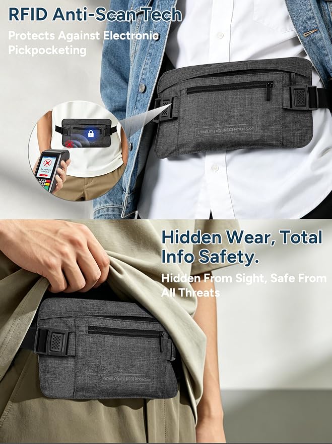Hidden Money Belt for Travel, RFID Blocking Waist Wallet, 2 Zippers | Ultra-Slim Money Belt; RFID-Blocking Waist Pack; 2 Zippered Pockets; Moisture-Wicking; lightweight - Image 5