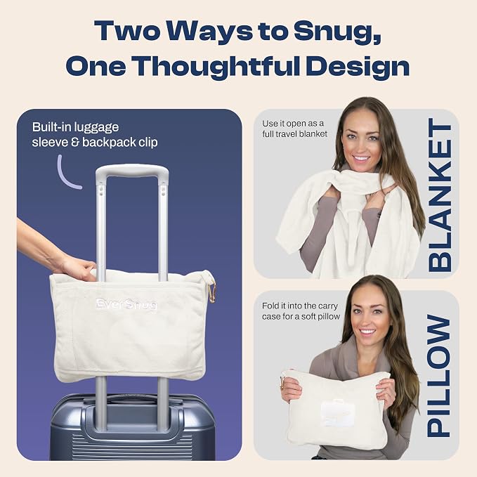 EverSnug Travel Blanket and Pillow - Ultra-Soft, Compact & Lightweight, 65x40 Inches, with Carry Case, Luggage Sleeve & Backpack Clip for Airplane Comfort (Off-White) - Image 2