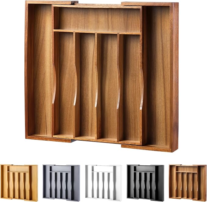 Expandable Acacia Kitchen Drawer Organizer for Cutlery and Utensils, Adjustable Acacia Wood Cutlery Tray in Drawer for Flatware and Silverware in Kitchen by oridom