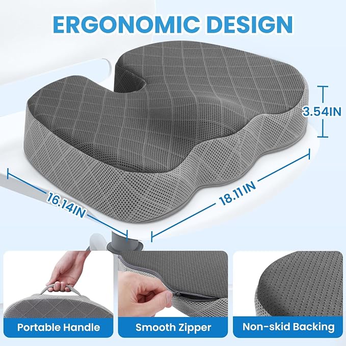 Memory Foam Office Chair Seat Cushion - Dark&Light Grey, X-Large | for Car Seat, Airplane, Desk Chair - Sciatica & Hip & Coccyx Pain Relief Cushion for Long Sitting Office Workers, Car Drivers - Image 2