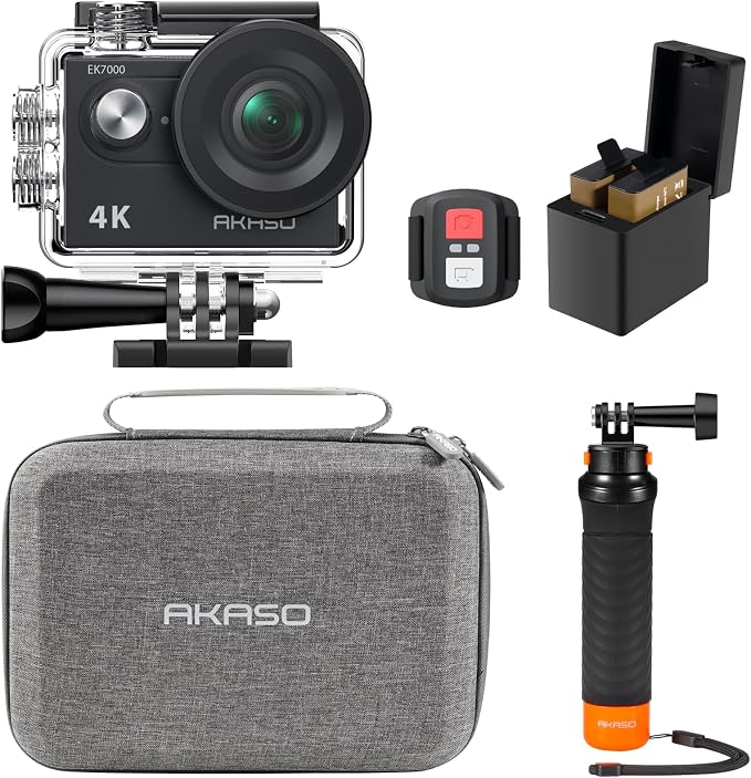 AKASO EK7000 4K30fps 20MP Action Camera EIS Ultra HD 131FT Waterproof Underwater Camera with Waterproof Floating Hand Grip Bundle and Carrying Case Helmet Accessories Kit Bundle by AKASO
