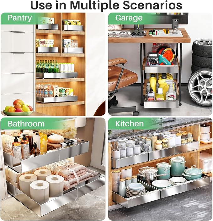 Pull out Cabinet Organizer, Stainless Steel Expandable(12"-20") Heavy Duty Slide out Drawers Fixed with Adhesive Nano Film for Pots, Roll out Shelf Storage for Kitchen Base(Silver-2pcs)(3 Rails) - Image 9