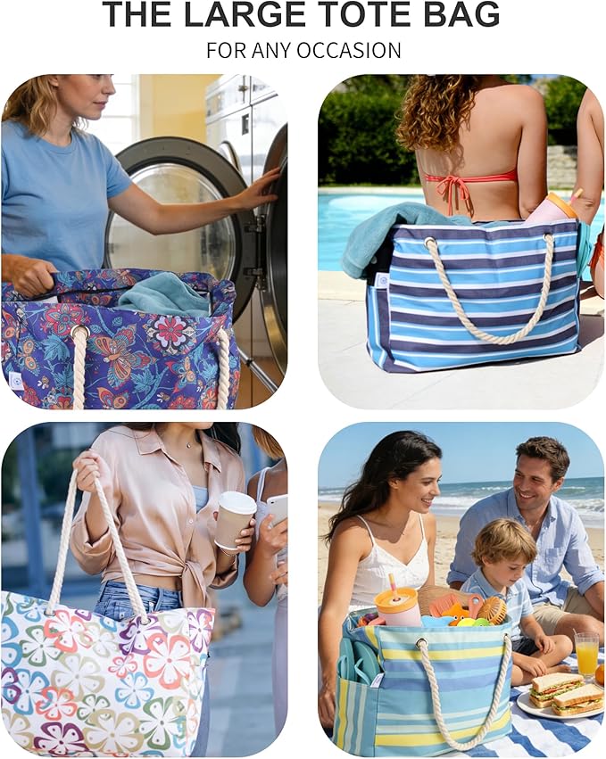 Genteen Beach Bag for Women, Large Waterproof Sandproof Beach Tote with Zipper Pocket, Solid for Travel Pool - Image 2