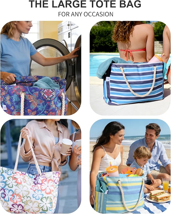 Genteen Beach Bag for Women, Large Waterproof Sandproof Beach Tote with Zipper Pocket, Solid for Travel Pool - Image 2