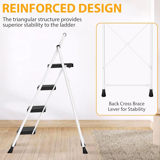 Arbusb Step Ladder, Folding Step Stool with Wide Anti-Slip Pedals, Sturdy Steel Ladder with Handrail, Space-Saving, Portable for Home & Adults, 4 Step White - Image 7