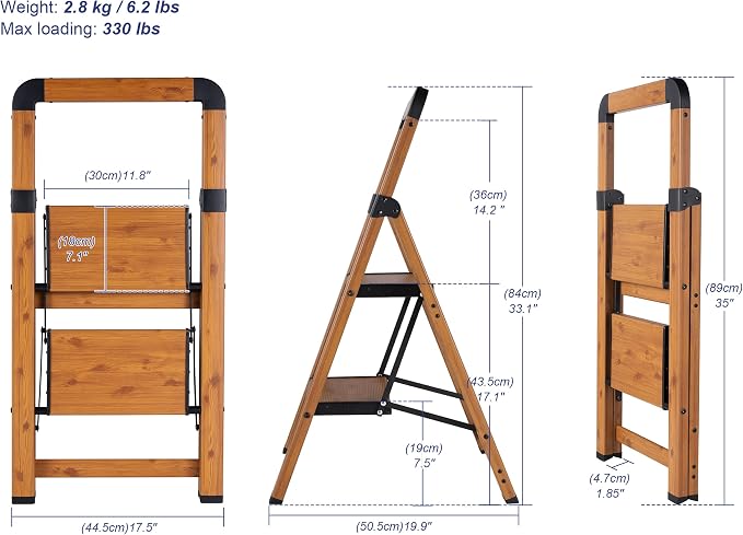 Step Ladder 2-Step Woodgrain Finish Aluminum Folding Ladders | Anti-slip Sturdy Foldable Ladder Step Stool for Kitchen Home Office Libaray - Image 2