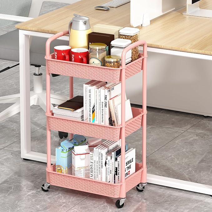 MOYIPIN 3-Tier Plastic Rolling Utility Cart with Handle,Utility,Pink | Utility Storage Cart for Office, Living Room, Kitchen,Movable Storage Organizer，Easy installation，Rattan-like art design - Image 4