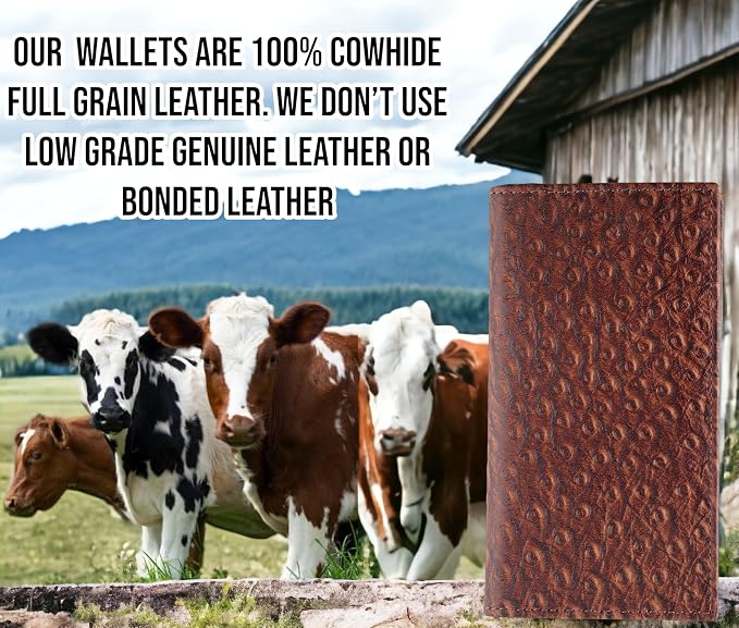 F&L CLASSIC Men's RFID Vintage Look Genuine Leather Long Bifold Wallet Checkbook Wallets,ostrich print brown,240-51 - Image 5