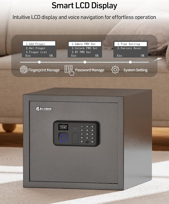 BILLCONCH Biometric Gun Safe for 6 Pistols, Large Handgun Safe for Home | 1.4 Cu Ft Safe for Documents and Valuables Quick Access by Fingerprint,Keypad,App,Key. Voice Guide, Silent Mode, LCD Display - Image 3