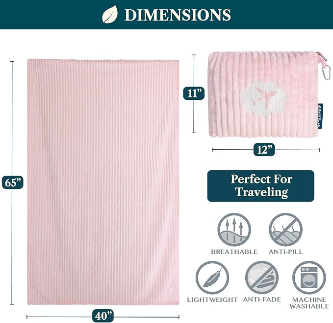 PAVILIA Travel Blanket Pillow, Soft Ribbed Fleece Airplane Blanket, Pink | 65x40, Compact Packable Plane Throw with Bag, Luggage Strap and Back Pocket, Cozy Flight Essentials Travelers Camping Gift - Image 7