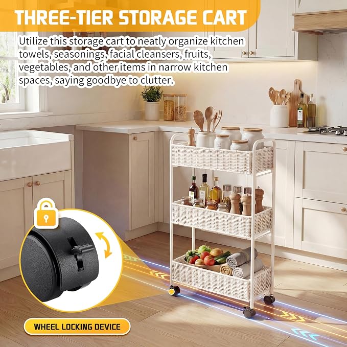 Utility Slim Storage Cart,3-Tier Rolling Kitchen Office Laundry Room Cart,Mobile Shelving Unit Organizer for Living Room Bathroom Baby Diaper Narrow Places (White, UC-White-7.1inch) - Image 4