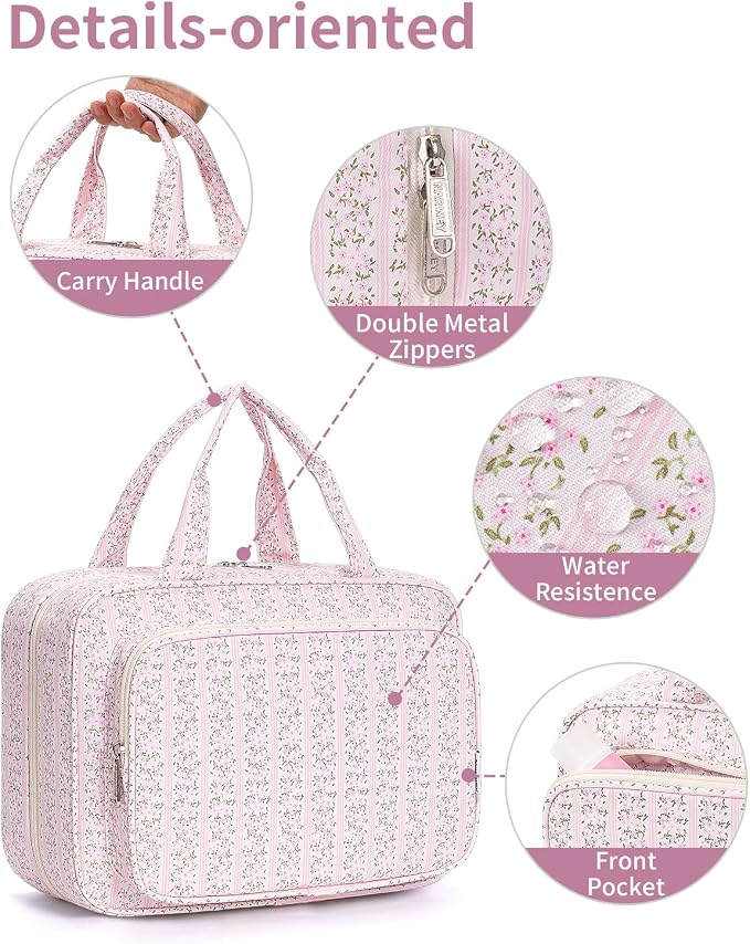 Narwey Travel Toiletry Bag for Women Large Hanging Makeup Bag Organizer Toiletries Bag for Full Size Essentials Accessories Cosmetics (Pink Flower Buds (Large)) - Image 8