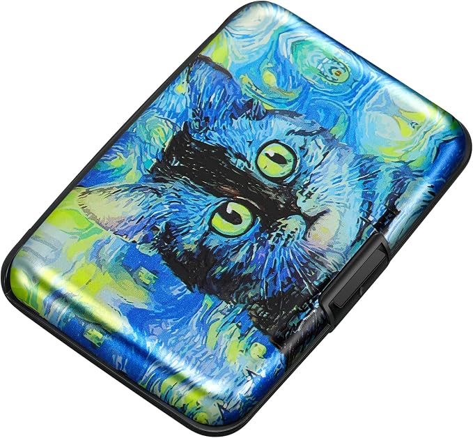 Mini RFID Aluminum Wallet Credit Cards Holder Business Card Case Metal ID Case for Men Women(Blue Cat) by ELFISH