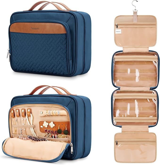 Travel Hanging Toiletry Bag for Women, Extra Large Makeup Bag, Holds Full-Size Shampoo, with Jewelry Organizer Compartment, Waterproof Cosmetic Bag, Toiletries Kit Set with Trolley Belt, Navy Blue by COOSKY